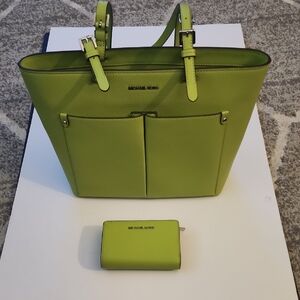 Michael Kors Jet Set Travel  Double Pocket Lime Green Saffiano Tote And Wallet.